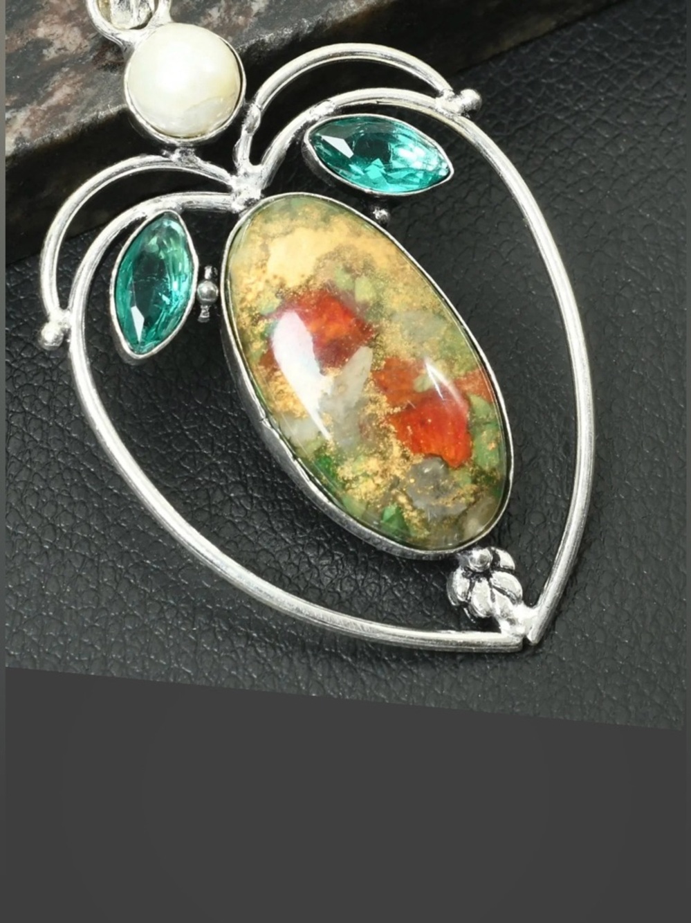 2 1/2 inch, Oyster Turquoise, Apatite, and Pearl pendant on a  silver chain